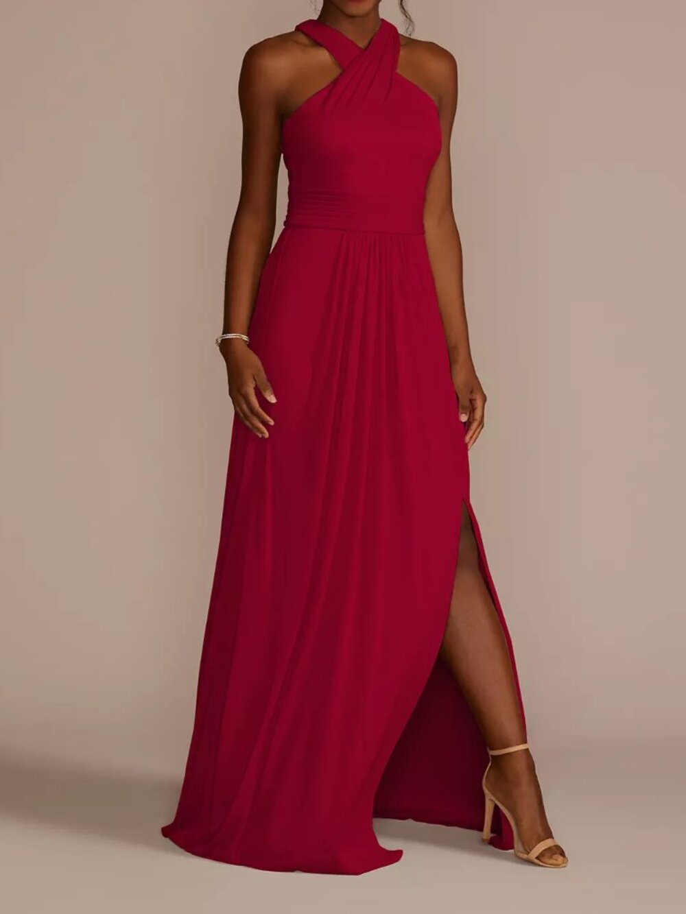 David's Bridal Red Crisscross High-Neck Mesh Dress